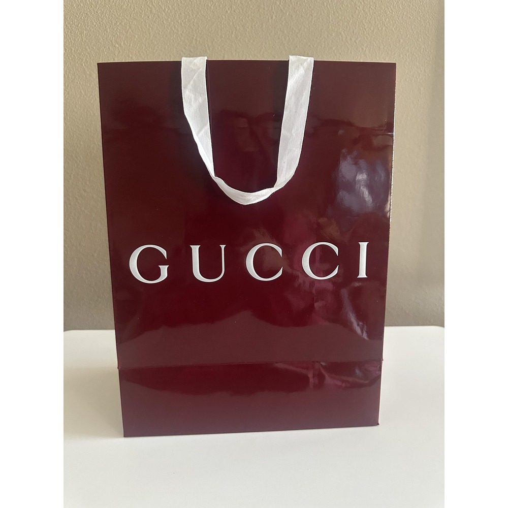 Gucci Store Shopping Gift Bag Burgundy Glossy Paper Large White Ribbon Handles